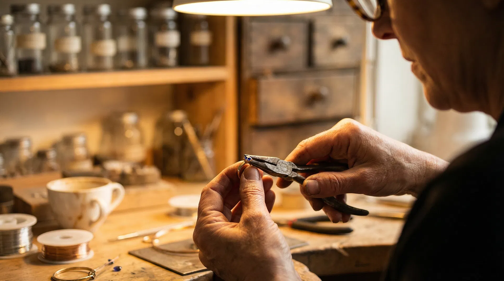 Artisan carefully crafting jewelry at her workbench