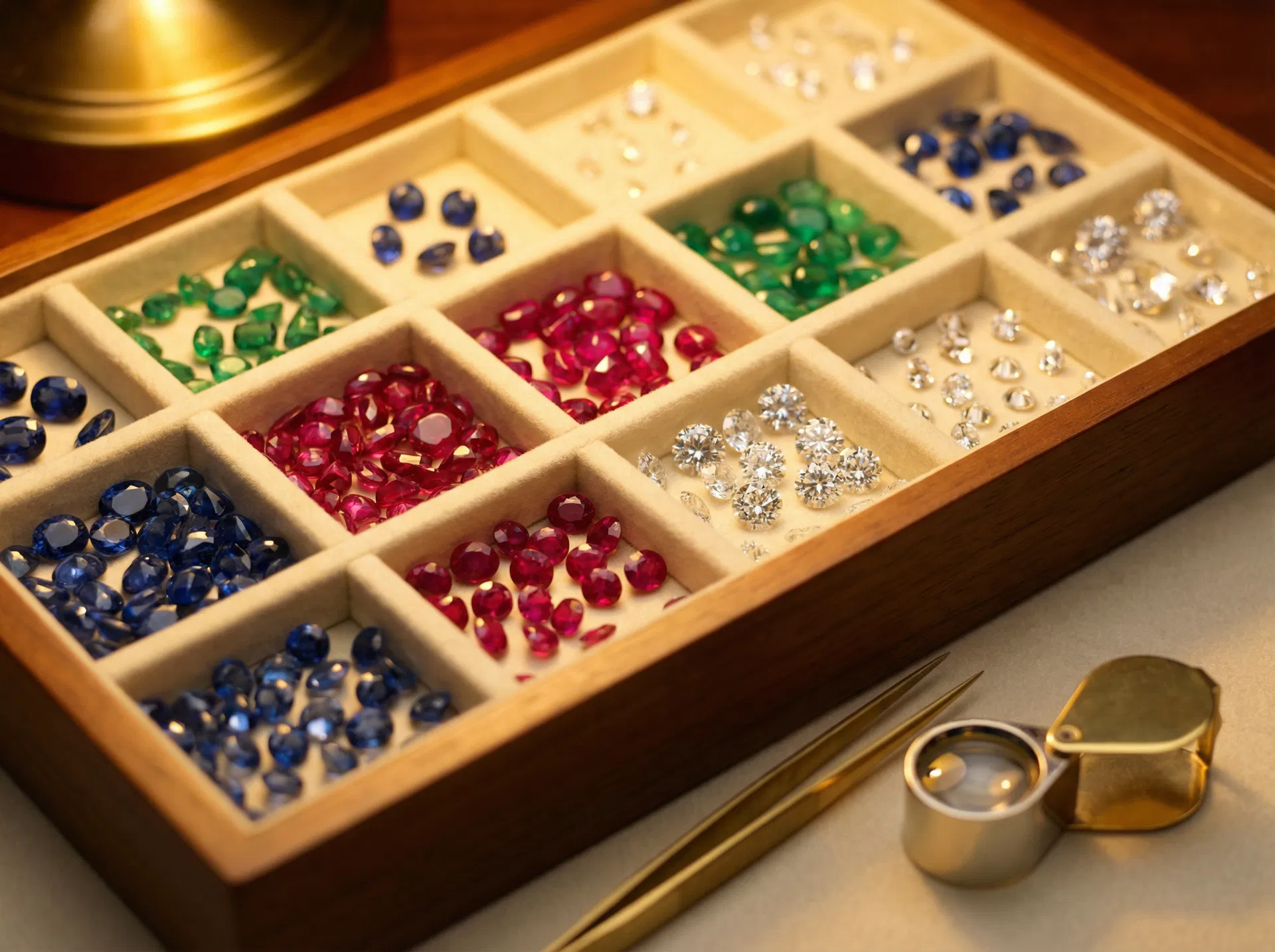 Organized gemstones in a professional sorting tray — sapphires, rubies, emeralds, and diamonds