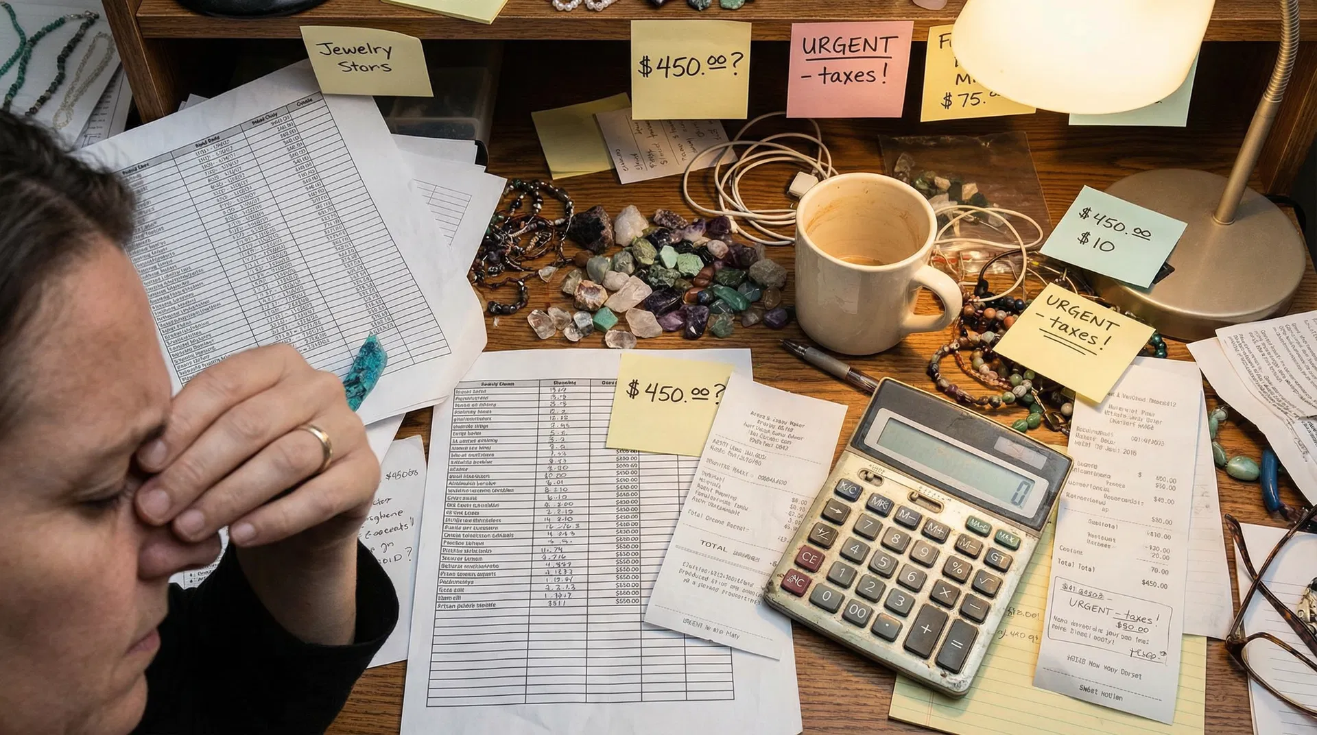 Messy desk with spreadsheets, receipts, and scattered gemstones — the chaos of tracking jewelry costs manually